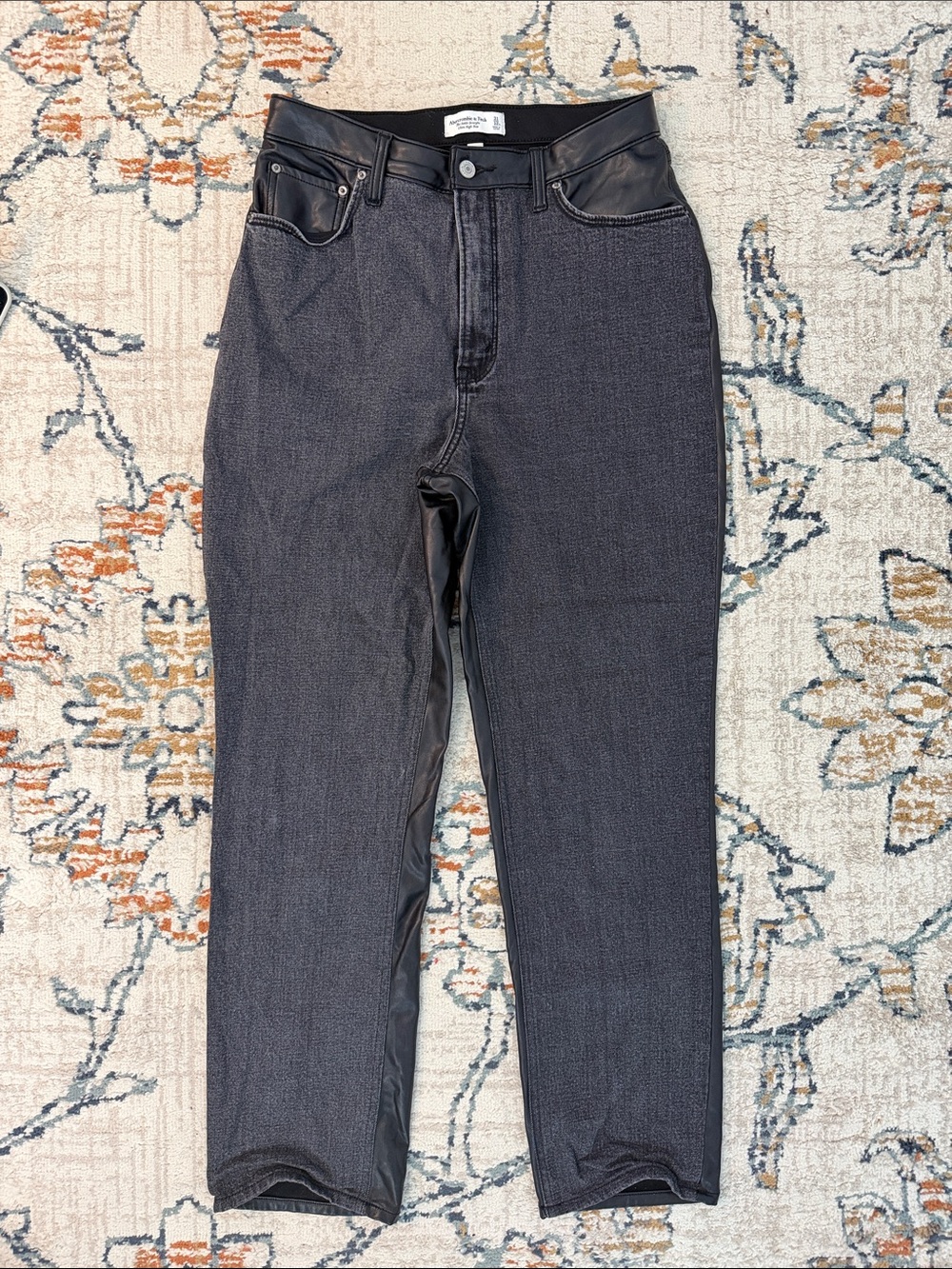 High-Rise Black Wash Women’s Jeans with Faux Leather Trim and back